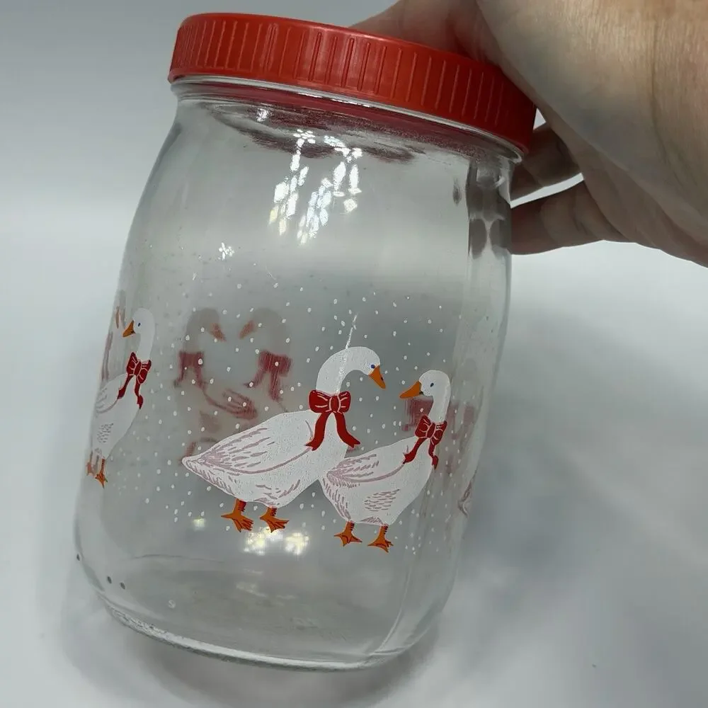 Vtg Country Goose Glass Canister Jar Red Christmas Farmhouse Kitchen Cottage 6.5